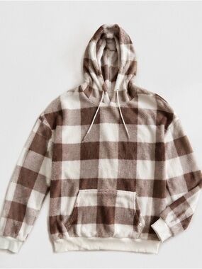 Plaid Fleece Hoodie — Brown & Cream Women’s Hoodie Size Large
